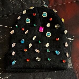 Embellished Black Beanie with Colorful Gems
